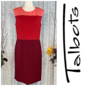 Talbots multi-red sleeveless sheath dress.